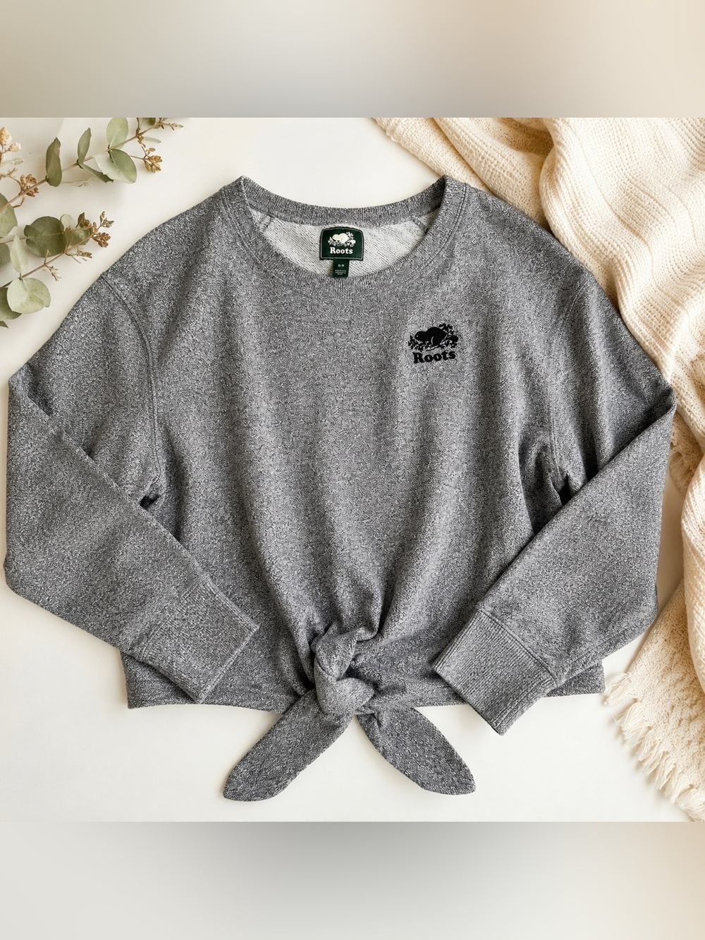 Roots Tie Front Sweatshirt Gray Marled Beaver Logo | Small